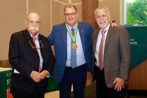 Left to right: Tomás A. Salerno (James W. McLamore Outstanding Service Award), Benjamin Kirtman (Distinguished Faculty Scholar Award) and Albert J. Varon (Outstanding Teaching Award)
